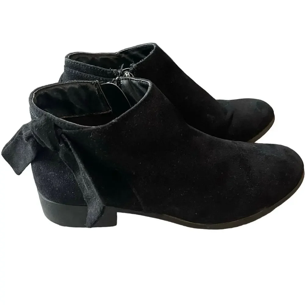 Nine West Kids Samarah 5 Black Suede Side Zip Ankle Boots Booties Bow Tie Accent